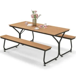 Tangkula 6 FT Picnic Table Bench Set, Outdoor Dining Table & 2 Benches with Heavy-Duty Metal Frame & All-Weather HDPE Tabletop