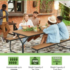 Tangkula 6 FT Picnic Table Bench Set, Outdoor Dining Table & 2 Benches with Heavy-Duty Metal Frame & All-Weather HDPE Tabletop