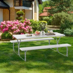 Tangkula 6 Ft Picnic Table, Outdoor Picnic Table with 2 Built-in Benches, Umbrella Hole, Metal Frame & HDPE Tabletop