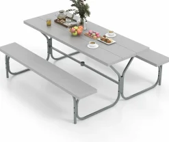 Tangkula 6 Ft Picnic Table, Outdoor Picnic Table with 2 Built-in Benches, Umbrella Hole, Metal Frame & HDPE Tabletop