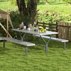Tangkula 6 Ft Picnic Table, Outdoor Picnic Table with 2 Built-in Benches, Umbrella Hole, Metal Frame & HDPE Tabletop