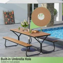 Tangkula 6 FT Picnic Table Bench Set, Outdoor Dining Table & 2 Benches with Heavy-Duty Metal Frame & All-Weather HDPE Tabletop