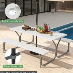 Tangkula 6 Ft Picnic Table, Outdoor Picnic Table with 2 Built-in Benches, Umbrella Hole, Metal Frame & HDPE Tabletop