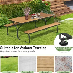 Tangkula 6 FT Picnic Table Bench Set, Outdoor Dining Table & 2 Benches with Heavy-Duty Metal Frame & All-Weather HDPE Tabletop