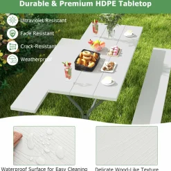 Tangkula 6 Ft Picnic Table, Outdoor Picnic Table with 2 Built-in Benches, Umbrella Hole, Metal Frame & HDPE Tabletop