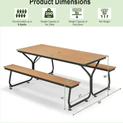 Tangkula 6 FT Picnic Table Bench Set, Outdoor Dining Table & 2 Benches with Heavy-Duty Metal Frame & All-Weather HDPE Tabletop