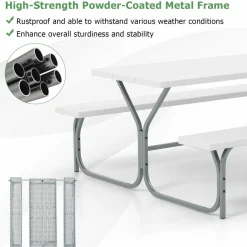 Tangkula 6 Ft Picnic Table, Outdoor Picnic Table with 2 Built-in Benches, Umbrella Hole, Metal Frame & HDPE Tabletop