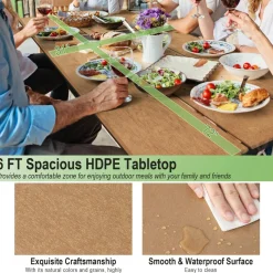 Tangkula 6 FT Picnic Table Bench Set, Outdoor Dining Table & 2 Benches with Heavy-Duty Metal Frame & All-Weather HDPE Tabletop