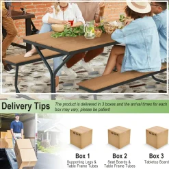 Tangkula 6 FT Picnic Table Bench Set, Outdoor Dining Table & 2 Benches with Heavy-Duty Metal Frame & All-Weather HDPE Tabletop