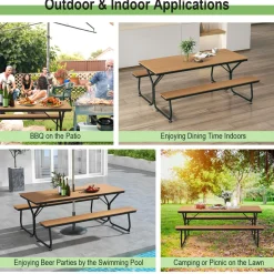 Tangkula 6 FT Picnic Table Bench Set, Outdoor Dining Table & 2 Benches with Heavy-Duty Metal Frame & All-Weather HDPE Tabletop