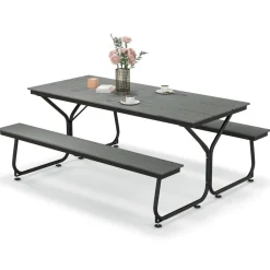 Tangkula 6 FT Picnic Table Bench Set, Outdoor Dining Table & 2 Benches with Heavy-Duty Metal Frame & All-Weather HDPE Tabletop
