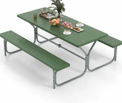 Tangkula 6 Ft Picnic Table, Outdoor Picnic Table with 2 Built-in Benches, Umbrella Hole, Metal Frame & HDPE Tabletop