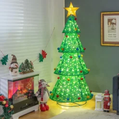 Tangkula 6.5 FT Pop-Up Lighted Christmas Tree, Artificial Xmas Tree with 200 Warm White LED Lights