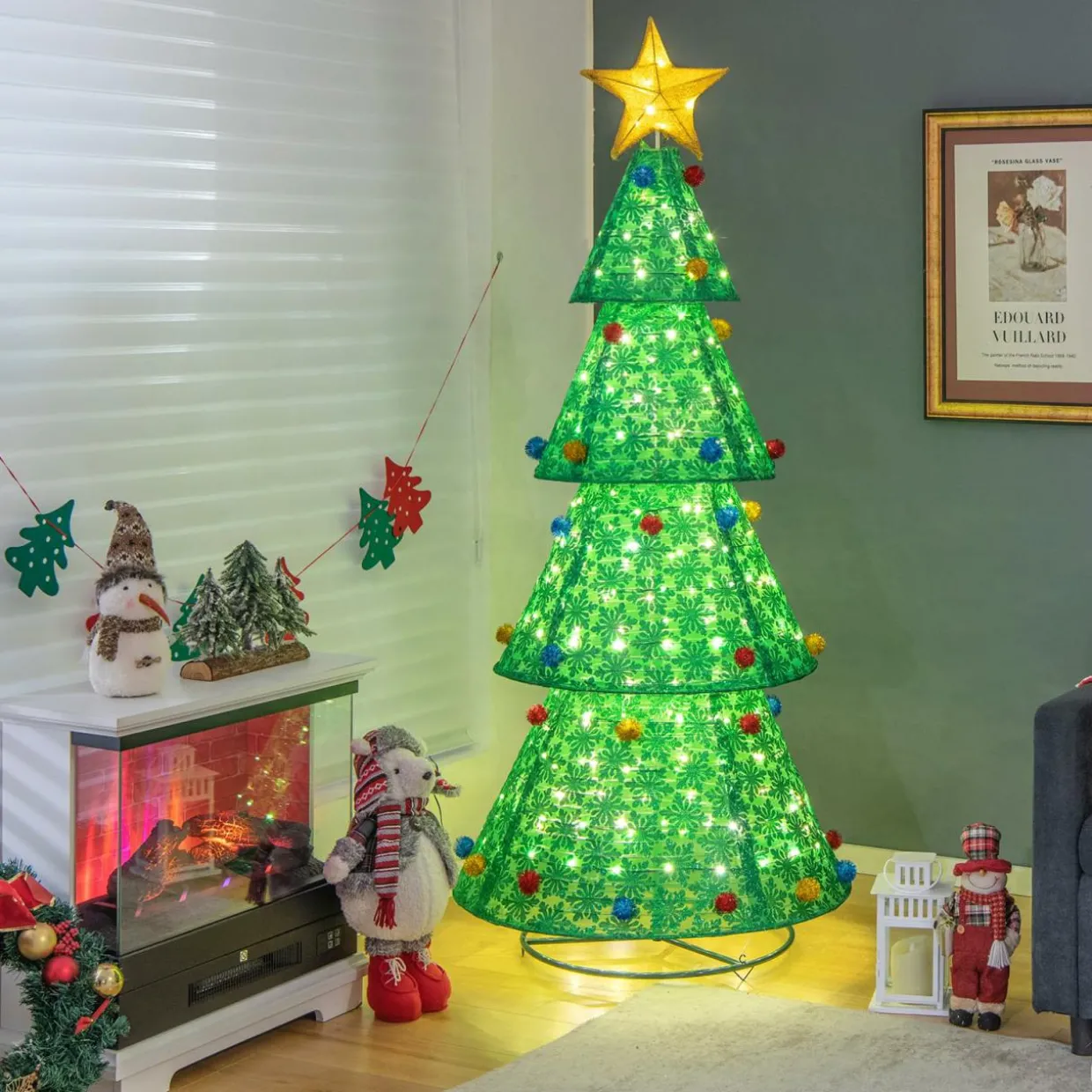 Tangkula 6.5 FT Pop-Up Lighted Christmas Tree, Artificial Xmas Tree with 200 Warm White LED Lights