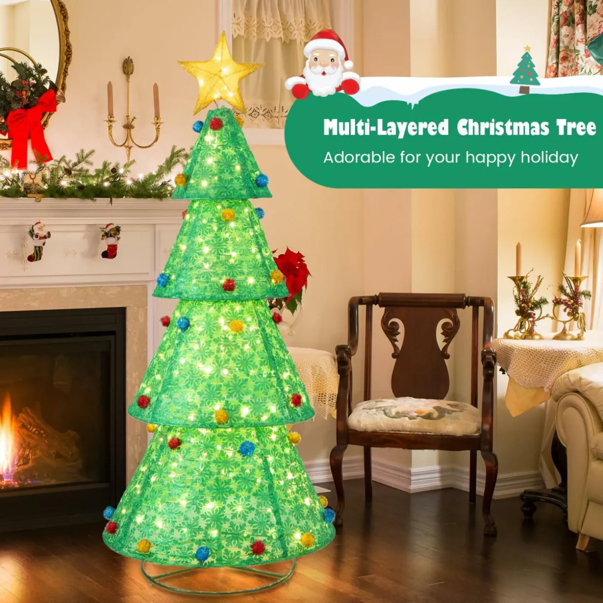 Tangkula 6.5 FT Pop-Up Lighted Christmas Tree, Artificial Xmas Tree with 200 Warm White LED Lights