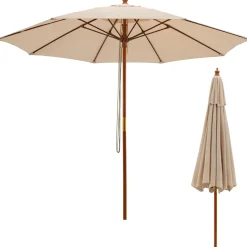 TANGKULA 9.5 FT Pulley Lift Round Patio Umbrella, Wooden Market Umbrella