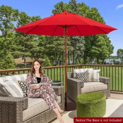 TANGKULA 9.5 FT Pulley Lift Round Patio Umbrella, Wooden Market Umbrella