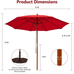 TANGKULA 9.5 FT Pulley Lift Round Patio Umbrella, Wooden Market Umbrella