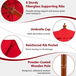 TANGKULA 9.5 FT Pulley Lift Round Patio Umbrella, Wooden Market Umbrella