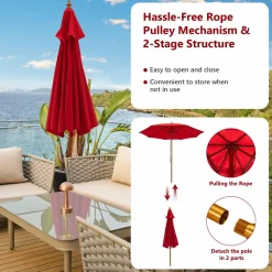 TANGKULA 9.5 FT Pulley Lift Round Patio Umbrella, Wooden Market Umbrella