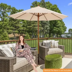 TANGKULA 9.5 FT Pulley Lift Round Patio Umbrella, Wooden Market Umbrella