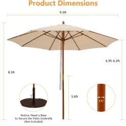 TANGKULA 9.5 FT Pulley Lift Round Patio Umbrella, Wooden Market Umbrella