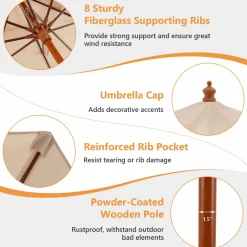 TANGKULA 9.5 FT Pulley Lift Round Patio Umbrella, Wooden Market Umbrella