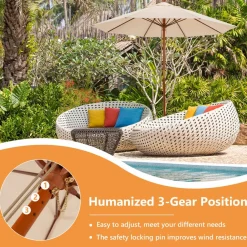 TANGKULA 9.5 FT Pulley Lift Round Patio Umbrella, Wooden Market Umbrella