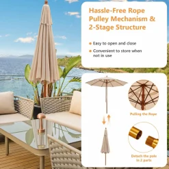 TANGKULA 9.5 FT Pulley Lift Round Patio Umbrella, Wooden Market Umbrella