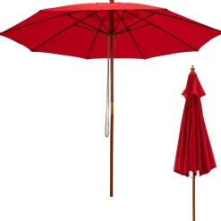 TANGKULA 9.5 FT Pulley Lift Round Patio Umbrella, Wooden Market Umbrella