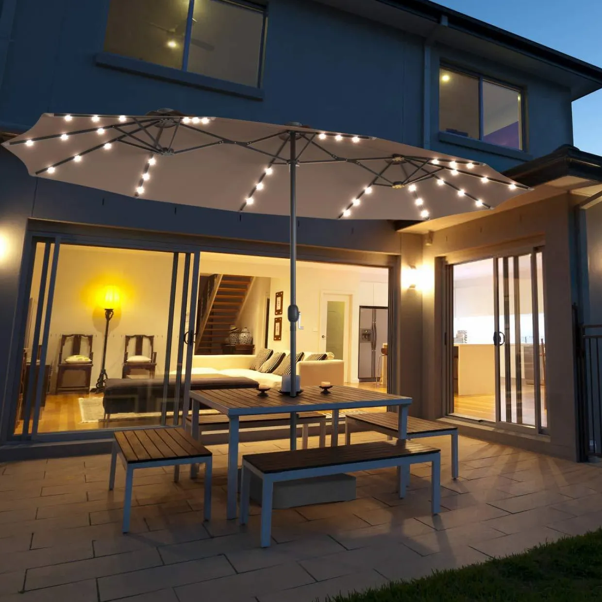 Tangkula 15 Ft Solar LED Patio Double-Sided Umbrella with Base
