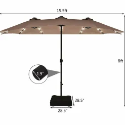 Tangkula 15 Ft Solar LED Patio Double-Sided Umbrella with Base