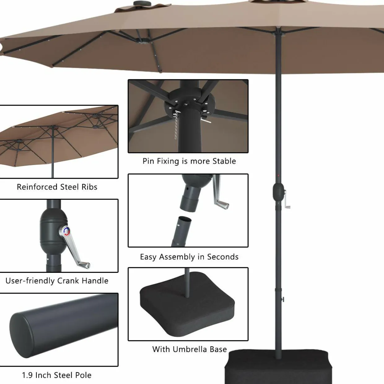 Tangkula 15 Ft Solar LED Patio Double-Sided Umbrella with Base