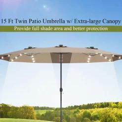 Tangkula 15 Ft Solar LED Patio Double-Sided Umbrella with Base
