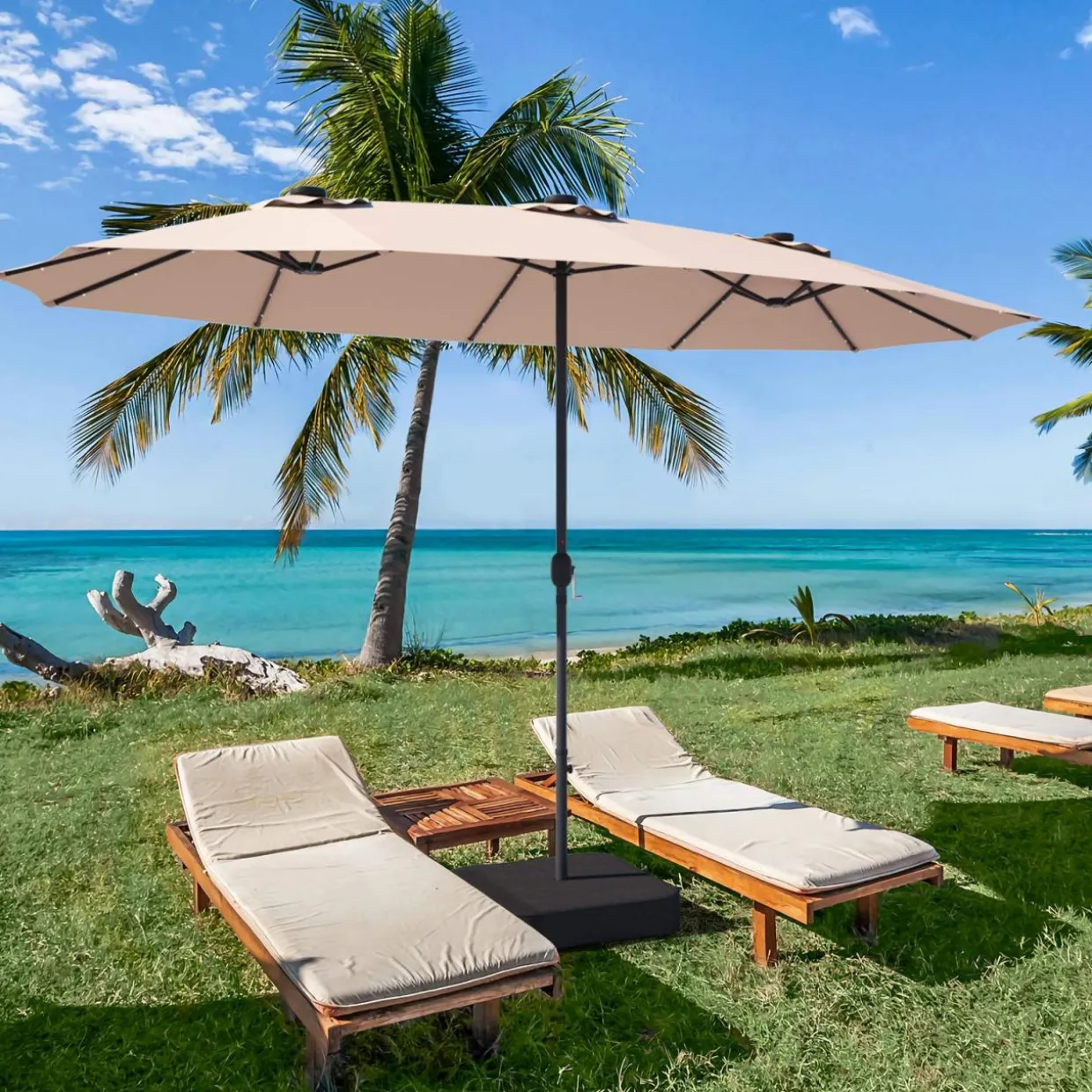 Tangkula 15 Ft Solar LED Patio Double-Sided Umbrella with Base