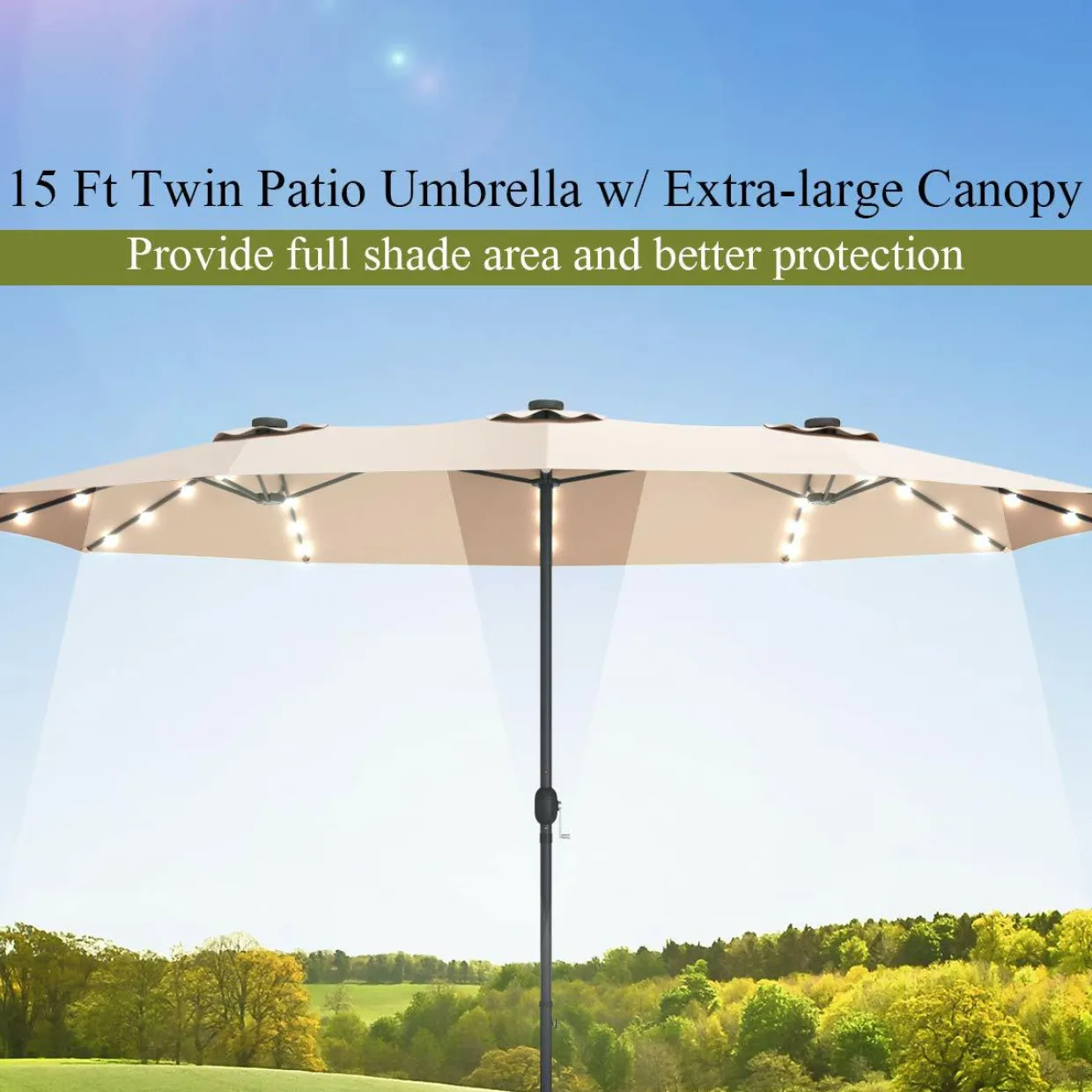 Tangkula 15 Ft Solar LED Patio Double-Sided Umbrella with Base