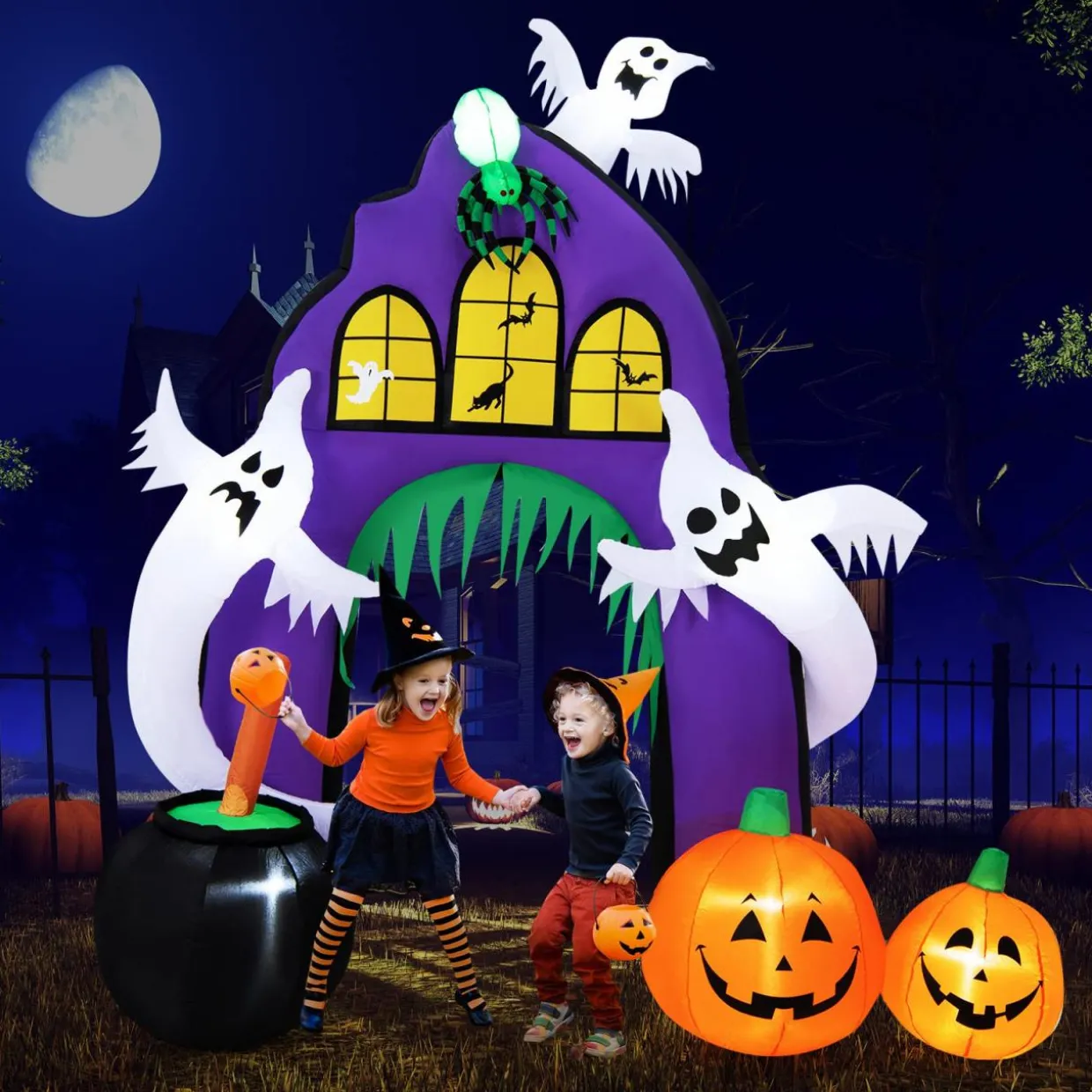 Tangkula 9 FT Tall Halloween Inflatable Castle Archway, Blow-up Walkway w/ Spider, Ghosts, Pumpkins, Cauldron