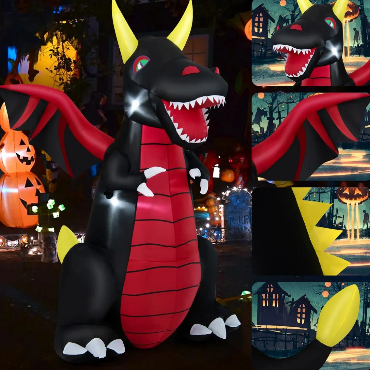 Tangkula 8 FT Tall Halloween Inflatable Decoration, Outdoor Blow Up Giant Dragon w/ Wings, Bright LED Lights