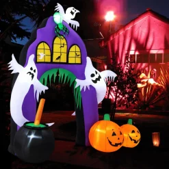 Tangkula 9 FT Tall Halloween Inflatable Castle Archway, Blow-up Walkway w/ Spider, Ghosts, Pumpkins, Cauldron