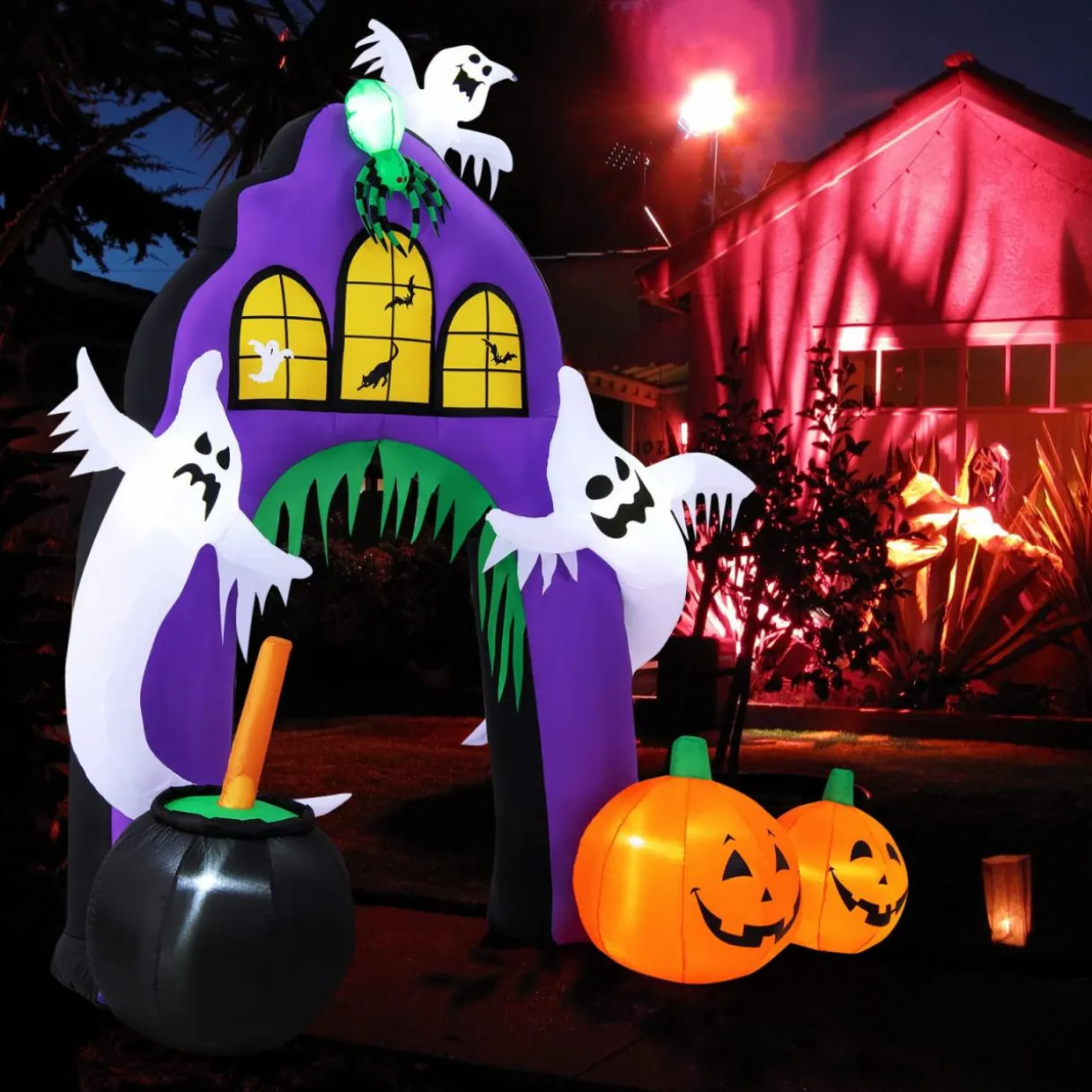 Tangkula 9 FT Tall Halloween Inflatable Castle Archway, Blow-up Walkway w/ Spider, Ghosts, Pumpkins, Cauldron