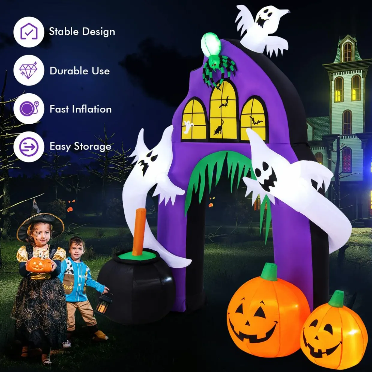Tangkula 9 FT Tall Halloween Inflatable Castle Archway, Blow-up Walkway w/ Spider, Ghosts, Pumpkins, Cauldron