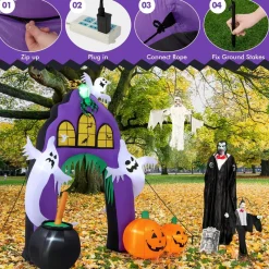 Tangkula 9 FT Tall Halloween Inflatable Castle Archway, Blow-up Walkway w/ Spider, Ghosts, Pumpkins, Cauldron