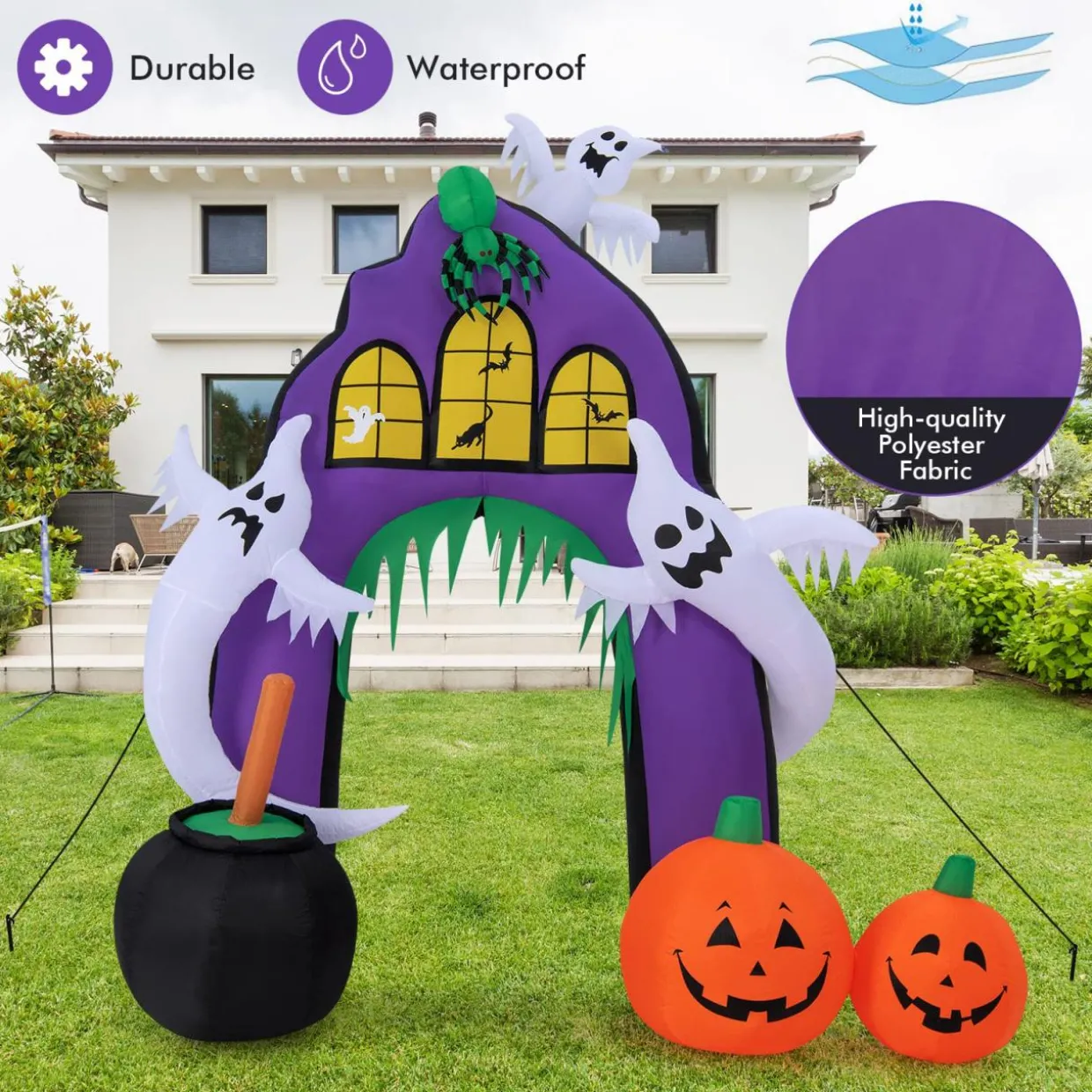 Tangkula 9 FT Tall Halloween Inflatable Castle Archway, Blow-up Walkway w/ Spider, Ghosts, Pumpkins, Cauldron
