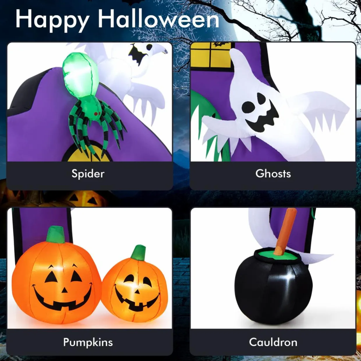 Tangkula 9 FT Tall Halloween Inflatable Castle Archway, Blow-up Walkway w/ Spider, Ghosts, Pumpkins, Cauldron