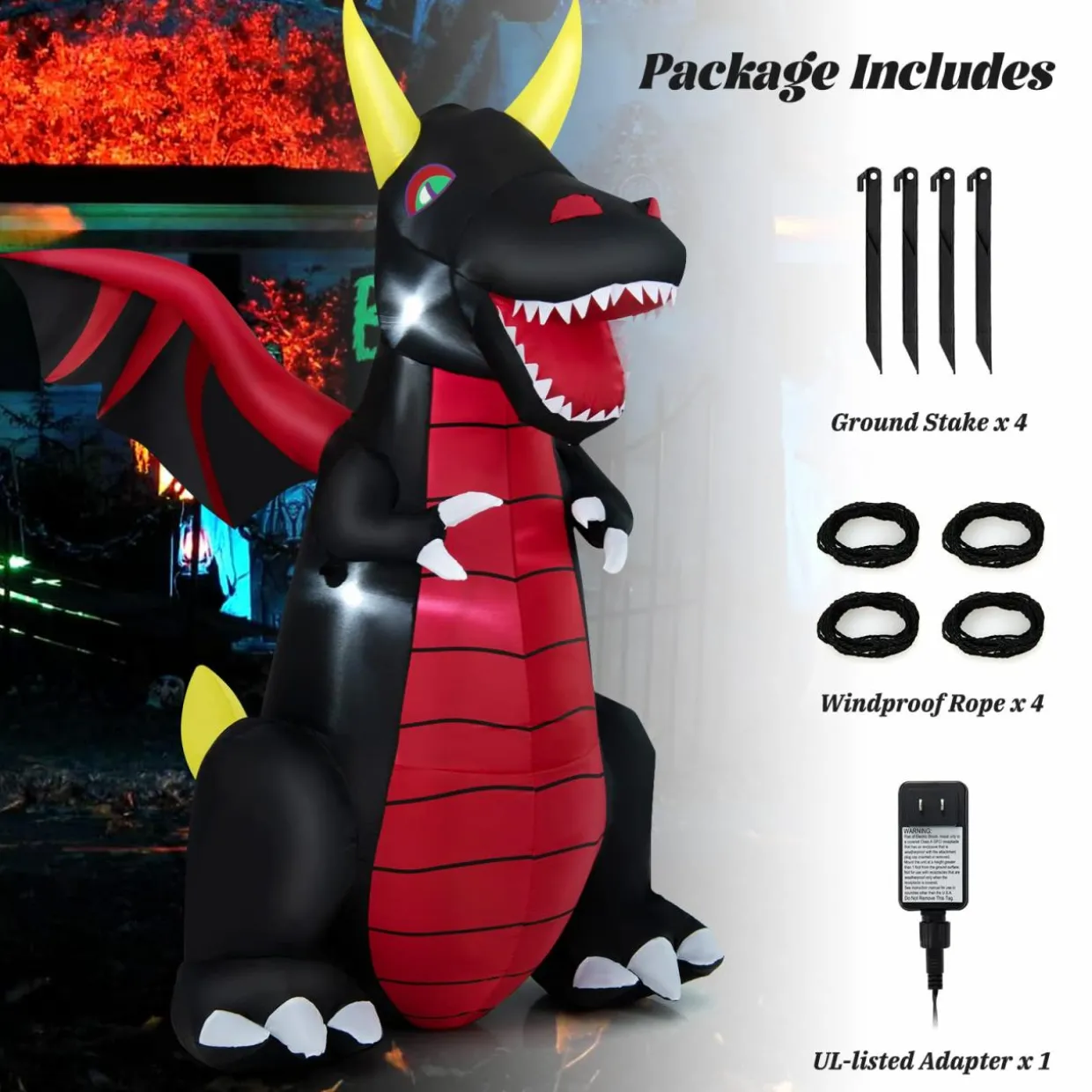 Tangkula 8 FT Tall Halloween Inflatable Decoration, Outdoor Blow Up Giant Dragon w/ Wings, Bright LED Lights