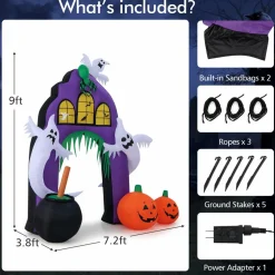 Tangkula 9 FT Tall Halloween Inflatable Castle Archway, Blow-up Walkway w/ Spider, Ghosts, Pumpkins, Cauldron