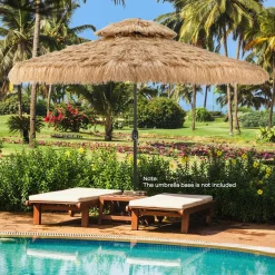 Tangkula 10 ft Thatched Patio Umbrella, 2 Tier Hawaiian Style Grass Beach Umbrella with 32 Led Lights
