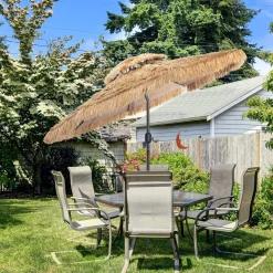 Tangkula 10 ft Thatched Patio Umbrella, 2 Tier Hawaiian Style Grass Beach Umbrella with 8 Ribs
