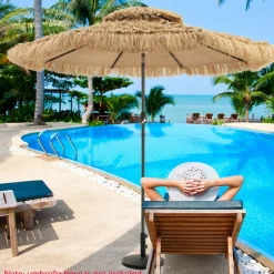 Tangkula 9 ft Thatched Patio Umbrella, 2 Tier Hawaiian Style Grass Beach Umbrella with 32 Led Lights