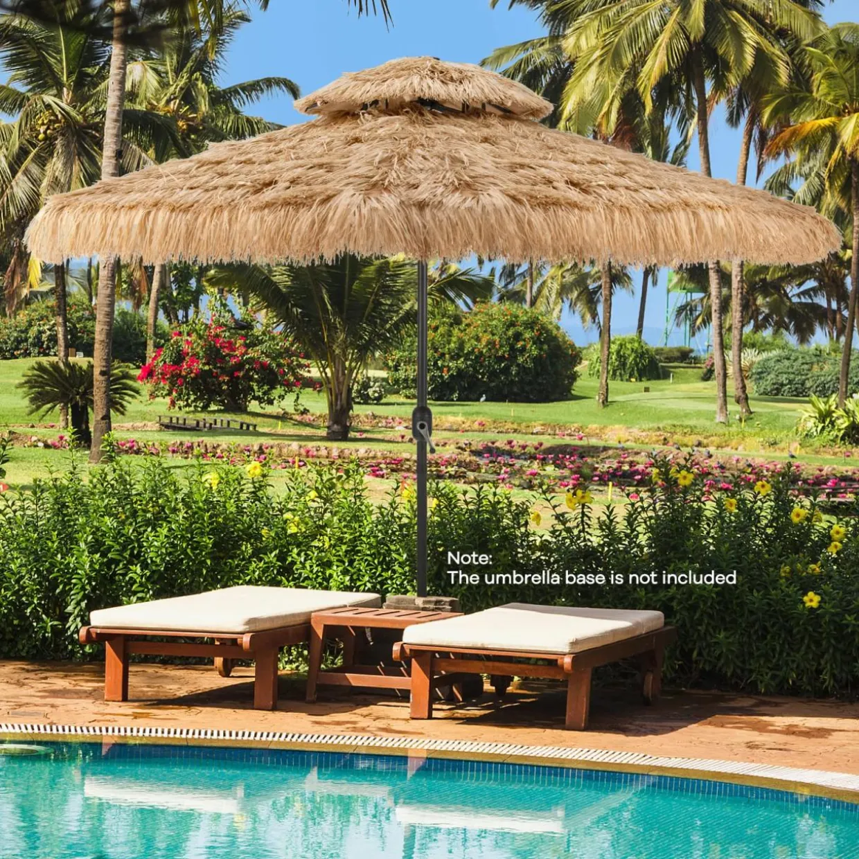 Tangkula 10 ft Thatched Patio Umbrella, 2 Tier Hawaiian Style Grass Beach Umbrella with 32 Led Lights